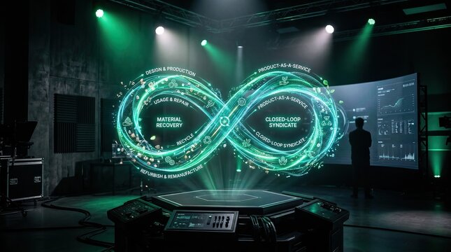 Futuristic presentation of a glowing green circular economy infinity symbol hologram in a high-tech studio