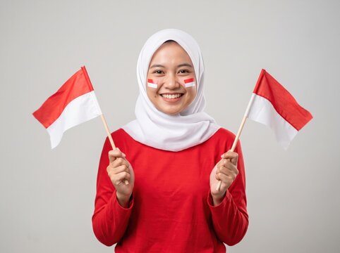 Smiling young woman wearing a white hijab and red shirt holding two small indonesian flags with face paint on her cheeks against a plain light gray background