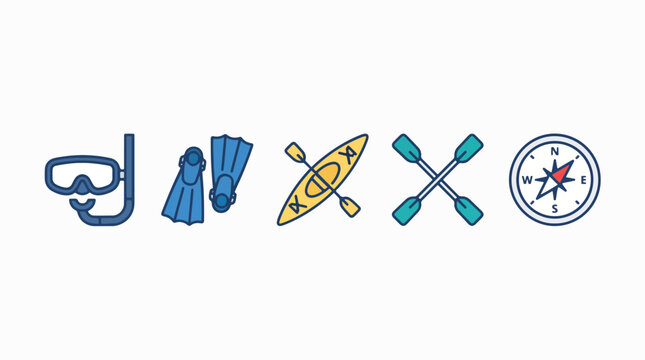 Colorful ocean adventure icons set for travel and marine themes. Vector collection of nautical symbols, water sports, and coastal activities in vib...