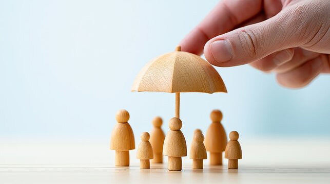 Wooden figures protected under a wooden umbrella symbolizing safety, support, and care.
