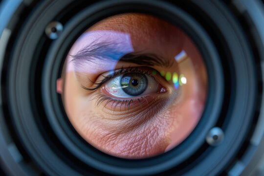 Camera lens reflects a human eye with detailed iris and lashes