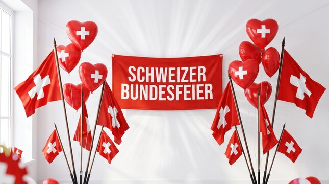 Swiss national day celebration banner with red heart shaped balloons and small swiss flags on wooden poles against a white wall background for august 1st holiday event decoration