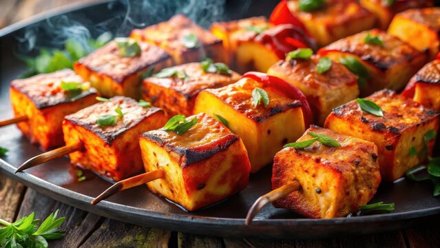 Sizzling hot paneer tikka with chili marinade smoky grill marks visible