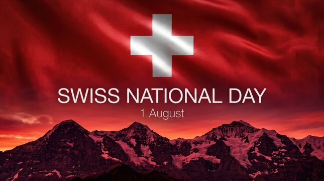 Swiss national day poster with a waving red flag featuring a white cross above dark snow capped mountain peaks at sunset with white text reading swiss national day 1 august