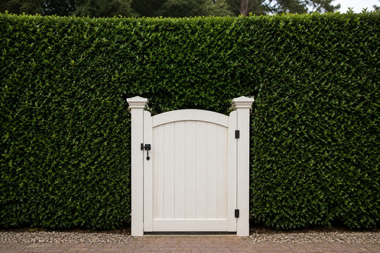 White garden gate in front of a tall, dense privet hedge.