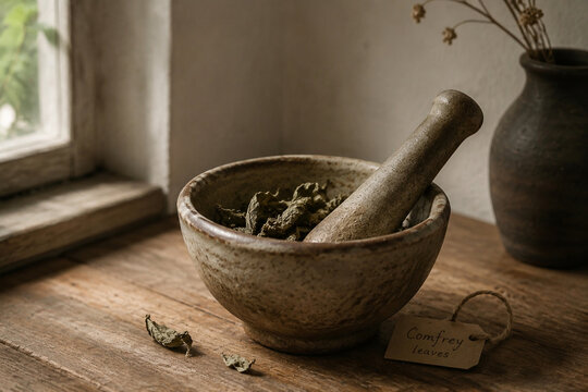 A rustic ceramic mortar and pestle with dried leaves on a wooden table.