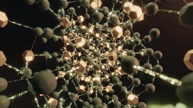 Abstract geometric network of spheres and polyhedra illuminated by lights