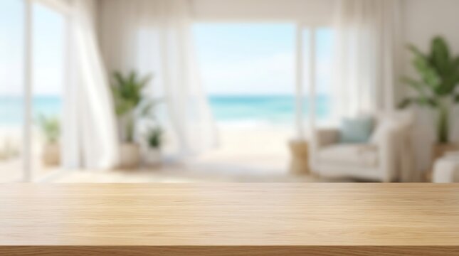 Empty wooden table with blurred beach resort interior background for product display in bright airy coastal room