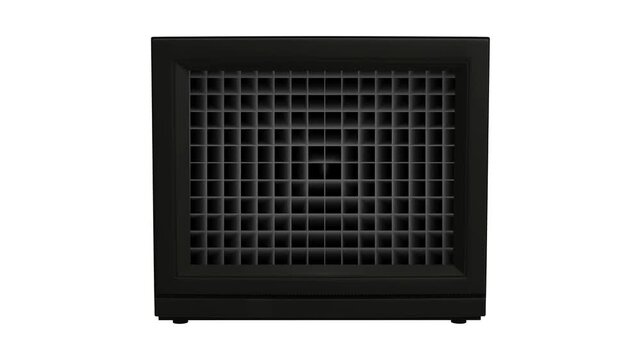 Modern black server enclosure unit with a structured grille front panel for hardware storage and network management systems