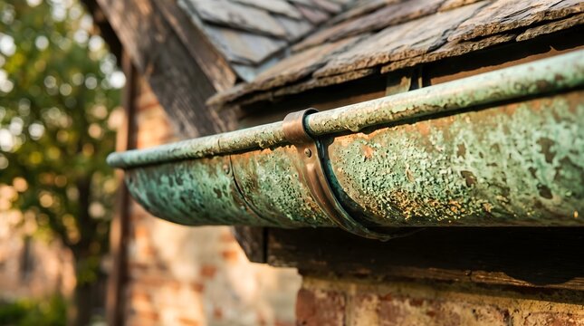 Close up of vintage weathered copper rain gutter with green patina verdigris on slate roof of old brick building illuminated by warm golden sunlight during sunset, historic architecture detail.