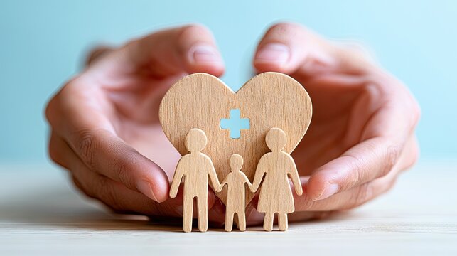 Hands protect a wooden heart with a medical cross, alongside a wooden family figure symbolizing health, care, and family protection.