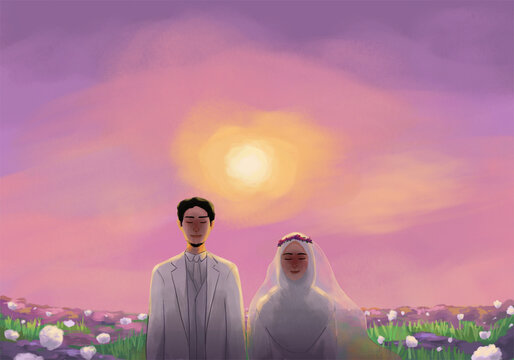 Muslim Bride and Groom Standing Together at Sunset, Wedding Illustration