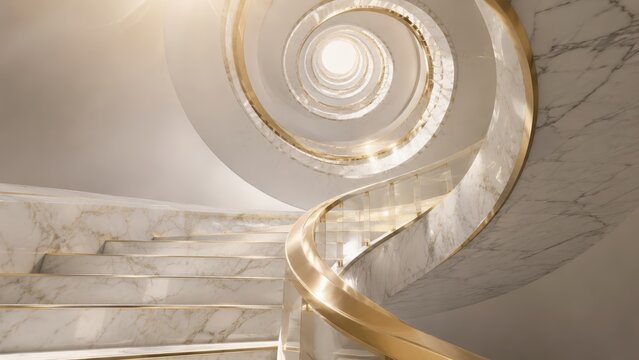 Spiral staircase with longevity, white marble and gold details photo