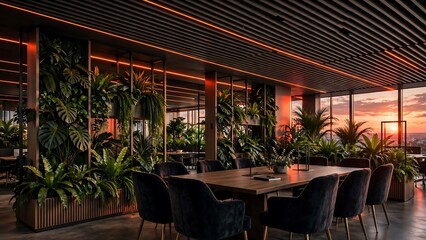 Obraz premium Modern Executive Conference Room Featuring Lush Indoor Greenery and Panoramic Sunset City Views Over the Horizon