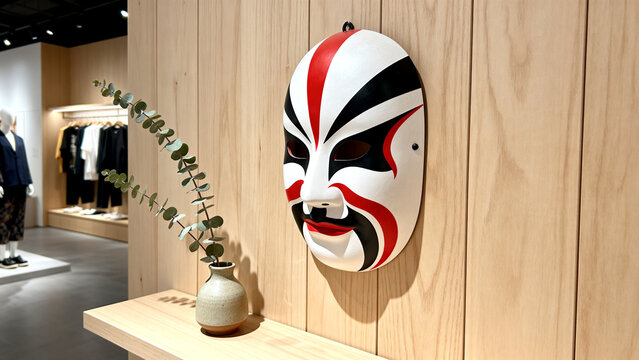 Traditional Kabuki kumadori mask on oak panel with eucalyptus, cultural display concept