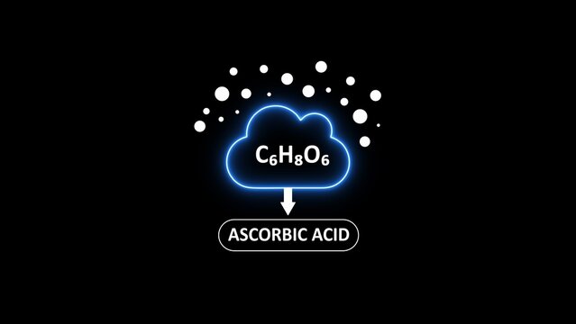 Ascorbic acid chemical formula c6 h8 o6 inside a glowing blue cloud with white particles on a black background