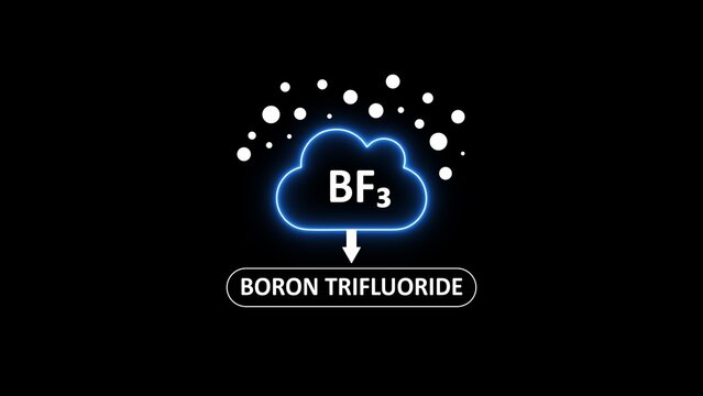 Boron trifluoride chemical formula bf3, represented as a glowing blue cloud with white particles on a solid black background