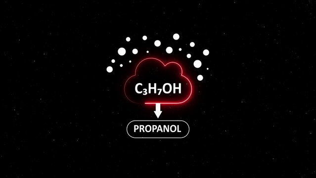 Chemical formula c3 h7 oh for propanol inside a glowing red cloud with white dots, isolated on a solid black background