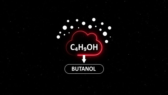 Chemical formula c4 h9 oh for butanol, represented with a glowing red cloud and white dots on a black background
