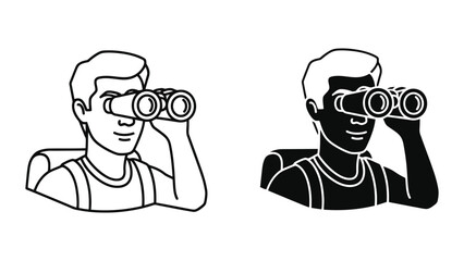 Man looking through binoculars. Traveler exploring with optical equipment vector icon.