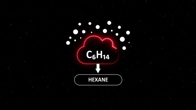 Hexane chemical formula c6 h14 inside a glowing red cloud with white dots and downward arrow on black background