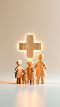 Wooden family figures stand beneath a glowing medical cross symbol, representing healthcare and family well-being.