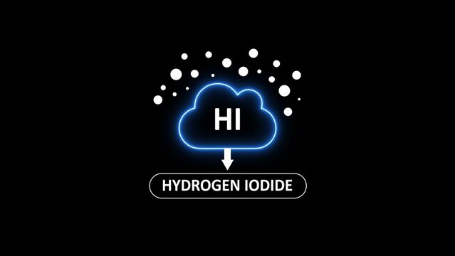 Hydrogen iodide chemical formula hi represented as a glowing blue cloud with particle dots on a black background