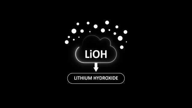 Lithium hydroxide chemical formula li oh, represented as a glowing white cloud with particles on a solid black background