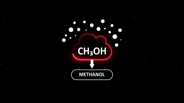 Methanol chemical formula ch3 oh inside a glowing red cloud with white particles, isolated on a black background