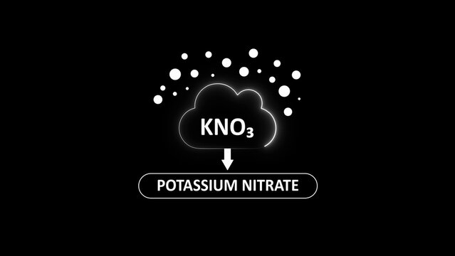 Potassium nitrate chemical formula kno3 with cloud and white particle dots on a solid black background
