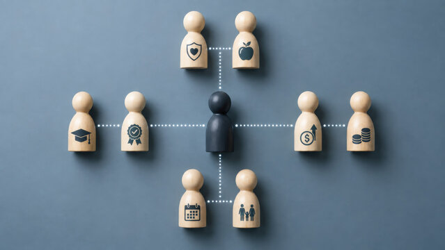 Holistic employee welfare ecosystem showing interconnected wooden figures representing diverse workplace benefits and career development