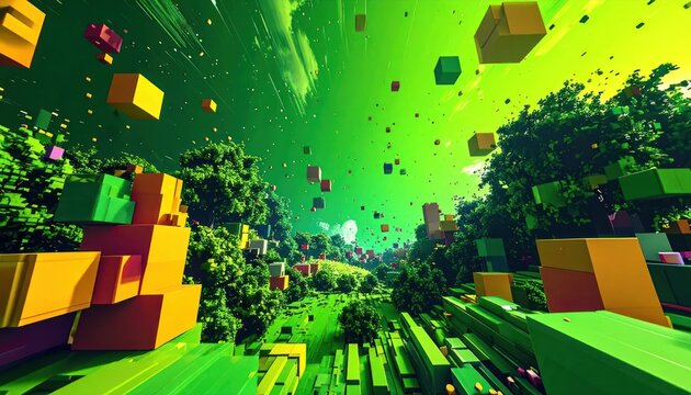 Green abstract 3D voxel landscape with floating cube blocks.
