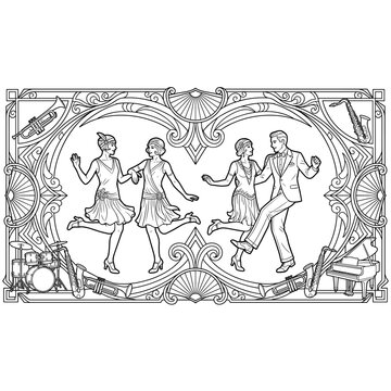 Art deco illustration of couples dancing and musicians playing jazz instruments, vintage party scene