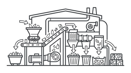 Fototapeta premium Clean Black and White Line Drawing of Recycling and Waste Sorting Facility Process with Conveyor Belts and Separation Bins