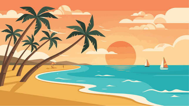 Tropical beach with swaying palm trees at sunset. Vintage coastal landscape featuring golden sands and turquoise waters.