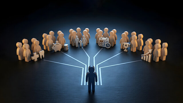 Flexible employee benefits choices and personalized HR solutions concept showing organizational leader directing workforce to various reward options
