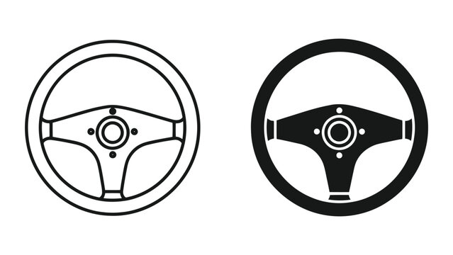 Steering wheel icons set. Car driving control symbols in outline and solid style.