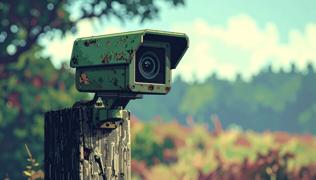 Green security camera on weathered post in nature landscape.