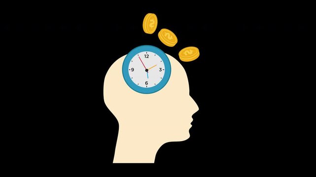 Human Head with Clock and Falling Coins Representing Time and Money Concept Animation