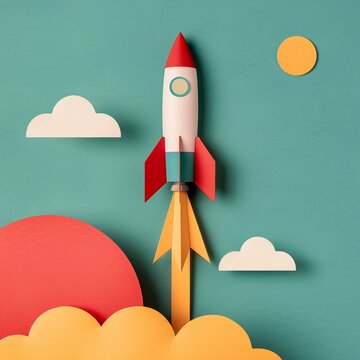 Vibrant layered paper design featuring a creative composition of a rocket and arrow in a minimal style