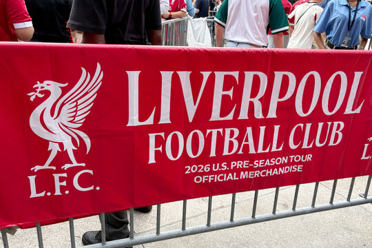 New York, New York - July 29, 2026: Fans wait in line to get into a Liverpool Football club match versus Wrexham at Yankee Stadium in the New York City borough of the Bronx.