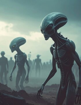 Grey aliens walking on misty desolate planet surface