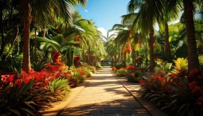 Fototapeta premium Tropical Garden Pathway with Palm Trees.