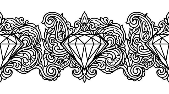 Ornamental Seamless Border with Diamonds and Paisley Swirls Vector