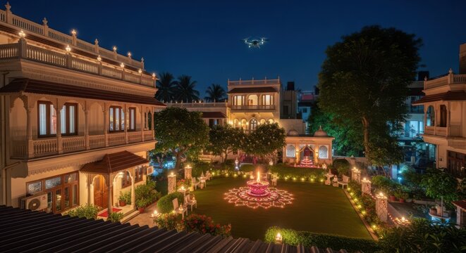 Grand Indian Mansion Courtyard Illuminated for Night Celebration