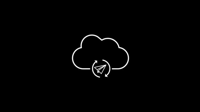 Cloud Email Synchronization Animation with Paper Plane Icon, Secure Message Transfer, Digital Communication, Online Backup, Cloud Computing Technology