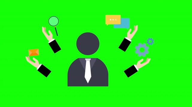 Business Manager Multitasking with Communication and Productivity Icons Animation