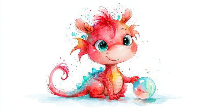 A cute, colorful baby dragon with big blue eyes plays with a shiny glass orb, illustrated in a whimsical watercolor style.