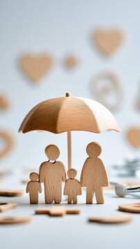 Wooden figures of a family protected under a wooden umbrella, symbolizing care and safety with heart shapes in the background.