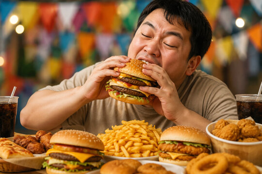 Man with oversized burger and fast food spread, gluttony and excess concept.